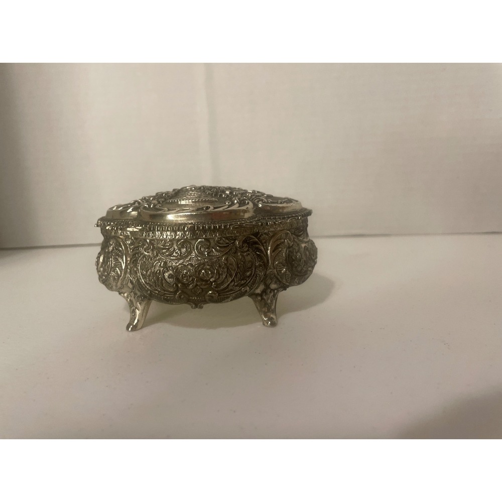 Vintage Silver Tone Footed Jewelry Box Embossed Floral Basket Red Velvet Lining